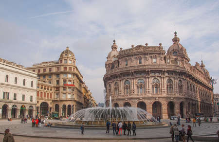 GENOA, ITALY - MARCH 16, 2014: Tourists visiting Piazza De Ferrari main square and fountainのeditorial素材
