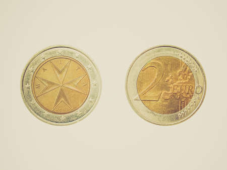 Vintage looking Two Euro coin from the Republic of Malta, Europeの写真素材