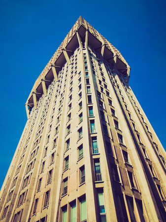 Vintage looking Torre Velasca Milan landmark Italian new brutalist architectureのeditorial素材