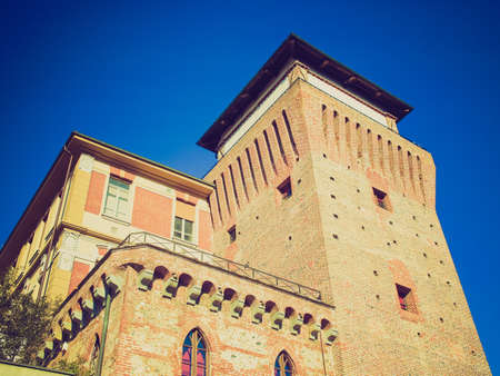 Vintage looking Tower of Settimo Torinese ( Torre Medievale ) medieval castle near Turinのeditorial素材