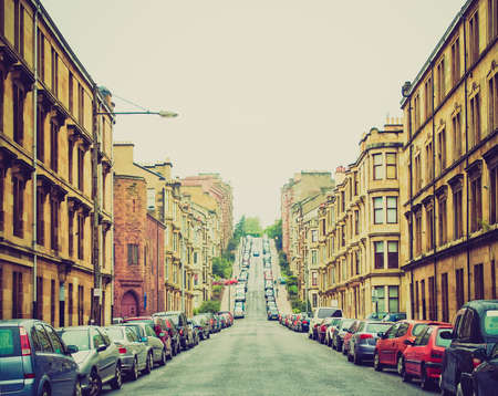 Vintage looking Gardner Street, the steepest road on Glasgow hillsの写真素材