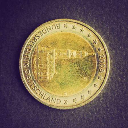 Vintage looking Two Euro coin with Hamburg church illustrationの写真素材