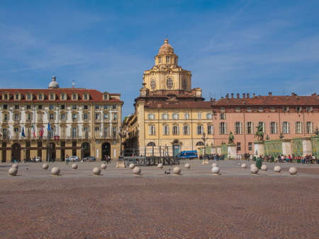 TURIN, ITALY - APRIL 09, 2014: Tourists visiting Piazza Castello, the central baroque squareのeditorial素材