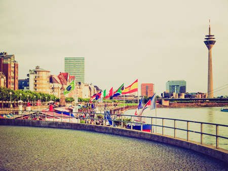 Vintage looking Duesseldorf panorama with river Rhein (Rhine), Germanyのeditorial素材