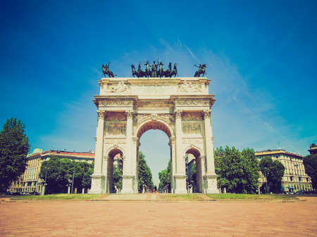 Vintage looking Arco della Pace (Arch of Peace), Porta Sempione, Milan, Italyの写真素材