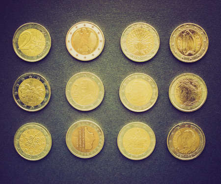 Vintage looking Range of European 2 Euro coins from many countries including Germany, France, Italy,...