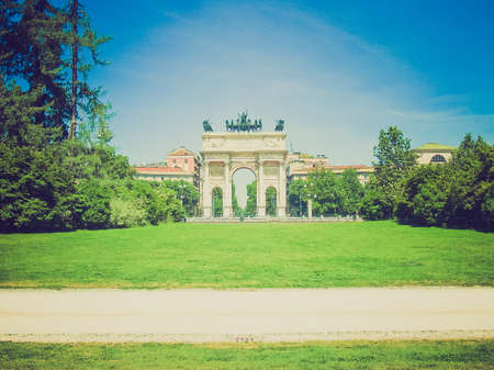 Vintage looking Arco della Pace (Arch of Peace), Porta Sempione, Milan, Italyの写真素材