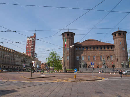 TURIN, ITALY - APRIL 09, 2014: Tourists visiting Piazza Castello, the central baroque squareのeditorial素材