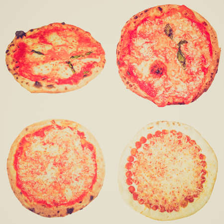 Vintage retro looking Many types of vegetarian pizzas including Italian pizza margherita isolated...