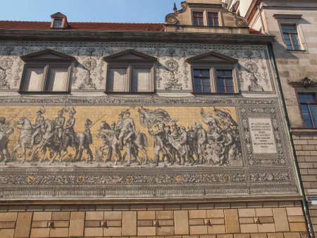 Fuerstenzug meaning Procession of Princes, large mural of a mounted procession of the rulers of Saxony painted in 1871 in Dresden, Germanyの写真素材
