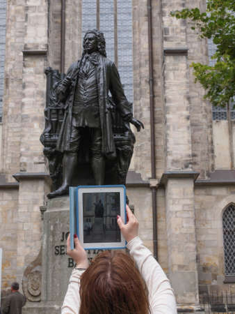 The Neues Bach Denkmal meaning new Bach monument stands since 1908 in front of the St Thomas Kirche...