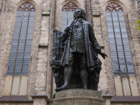 The Neues Bach Denkmal meaning new Bach monument stands since 1908 in front of the St Thomas Kirche church where Johann Sebastian Bach is buried in Leipzig Germanyの写真素材
