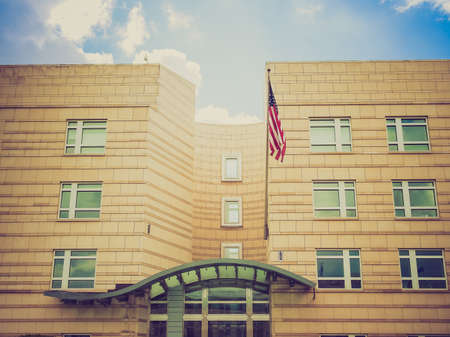 Vintage looking BERLIN, GERMANY - MAY 10, 2014: American Embassy in Pariser Platz in Berlin Germany