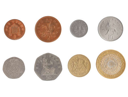 Full series of Pound and Pence coins currency of the United Kingdom isolated over whiteの写真素材