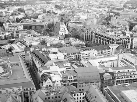 Aerial view of the city of Leipzig in Germany with the Thomaskirche church in black and whiteの写真素材