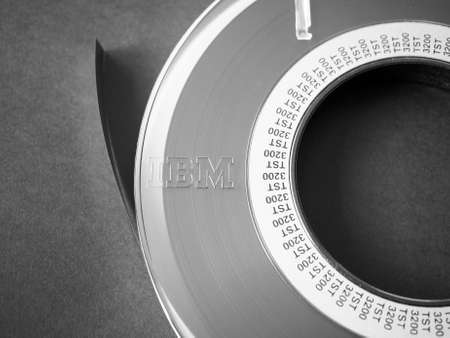 LONDON, UK - DECEMBER 31, 2014: IBM reel tape for computer data storage in black and whiteのeditorial素材
