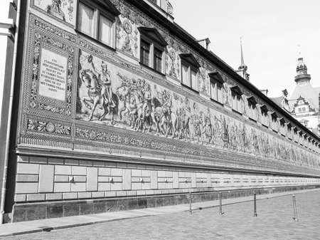 Fuerstenzug meaning Procession of Princes, large mural of a mounted procession of the rulers of Saxony painted in 1871 in Dresden, Germany in black and whiteのeditorial素材