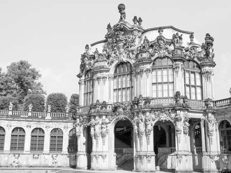 Dresdner Zwinger rococo palace designed by Poeppelmann in 1710 as orangery and exhibition gallery of Dresden Court completed by Gottfried Semper with the addition of the Semper Gallery in 1847 in black and whiteのeditorial素材