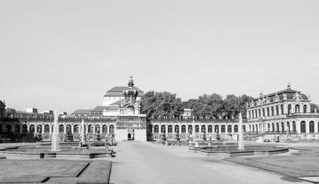 Dresdner Zwinger rococo palace designed by Poeppelmann in 1710 as orangery and exhibition gallery of Dresden Court completed by Gottfried Semper with the addition of the Semper Gallery in 1847 in black and whiteのeditorial素材