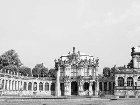 Dresdner Zwinger rococo palace designed by Poeppelmann in 1710 as orangery and exhibition gallery of Dresden Court completed by Gottfried Semper with the addition of the Semper Gallery in 1847 in black and whiteのeditorial素材
