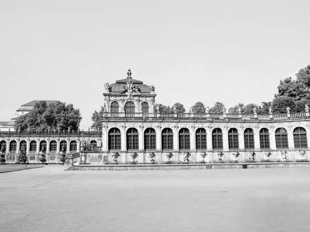 Dresdner Zwinger rococo palace designed by Poeppelmann in 1710 as orangery and exhibition gallery of Dresden Court completed by Gottfried Semper with the addition of the Semper Gallery in 1847 in black and whiteのeditorial素材