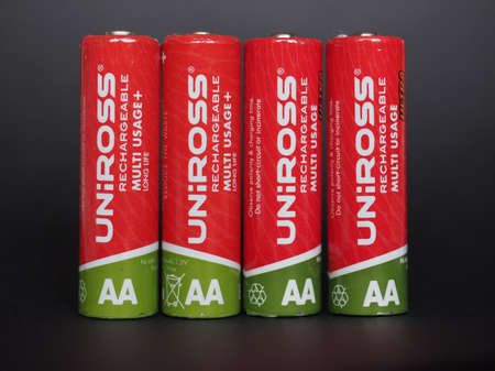 NEW YORK - JANUARY 10, 2015: Uniross rechargeable AAA batteriesのeditorial素材