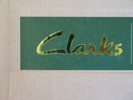 LONDON, UK - JANUARY 6, 2015: Logo of Clarks on a shoe boxのeditorial素材