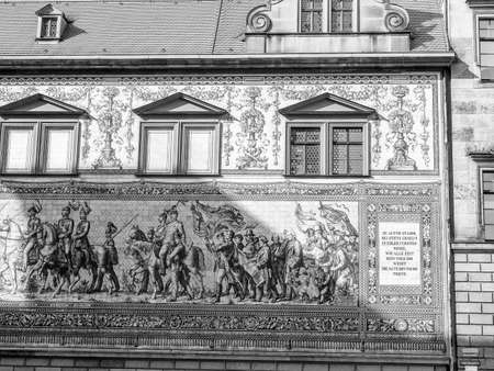 Fuerstenzug meaning Procession of Princes, large mural of a mounted procession of the rulers of Saxony painted in 1871 in Dresden, Germany in black and whiteのeditorial素材