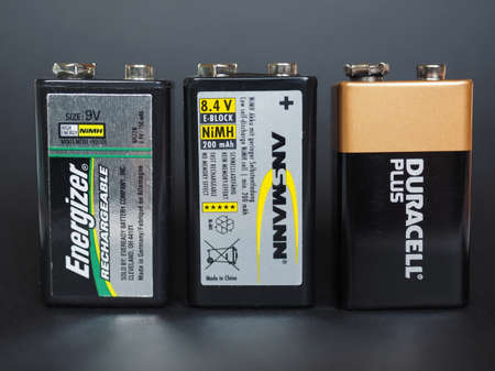 BERLIN, GERMANY - JANUARY 10, 2015: Energizer, Ansmann and Duracell 9V batteriesのeditorial素材