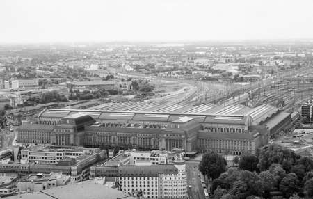 Aerial view of the city of Leipzig in Germany with the Hauptbahnhof central station in black and whiteの写真素材