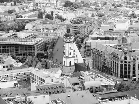 Aerial view of the city of Leipzig in Germany with the Thomaskirche church in black and whiteの写真素材