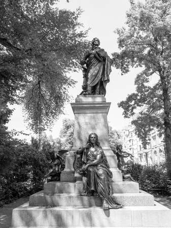 The Mendelssohn Denkmal monument to German musician Jakob Ludwig Felix Mendelssohn Bartholdy was designed by Werner Stein in 1892 in Leipzig Germany in black and whiteの写真素材