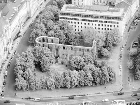 Ruins of the Franziskaner Klosterkirche cathedral church in Berlin in black and white