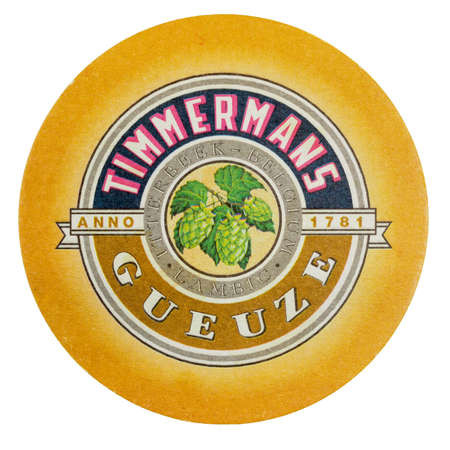 BRUSSELS, BELGIUM - MARCH 15, 2015: Beermat of Belgian beer Timmermans Gueuze isolated over white backgroundのeditorial素材