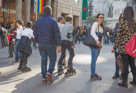 MILAN, ITALY - MARCH 28, 2015: Tourists in the Piazza Duomo square in front of Milan Cathedral churchのeditorial素材