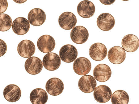 Dollar coins 1 cent wheat penny cent currency of the United States isolated over white backgroundの写真素材