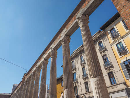 MILAN, ITALY - MARCH 28, 2015: Colonne di San Lorenzo meaning St Lawrence columns, ancient Roman ruins Milan Italyのeditorial素材