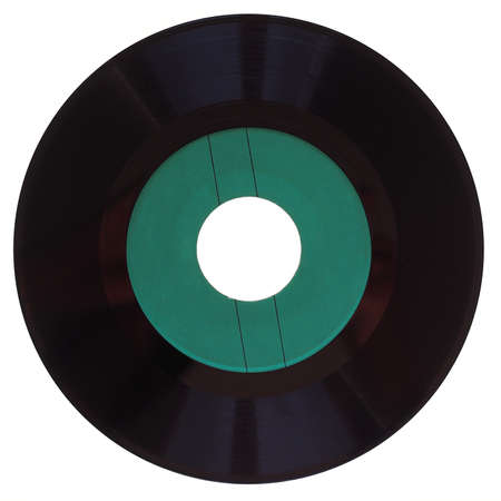 Vinyl record vintage analog music recording medium, 45rpm single with green label isolated over...