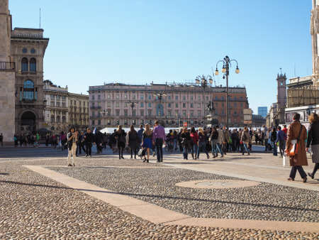 MILAN, ITALY - MARCH 28, 2015: Tourists in the Piazza Duomo square in front of Milan Cathedral churchのeditorial素材