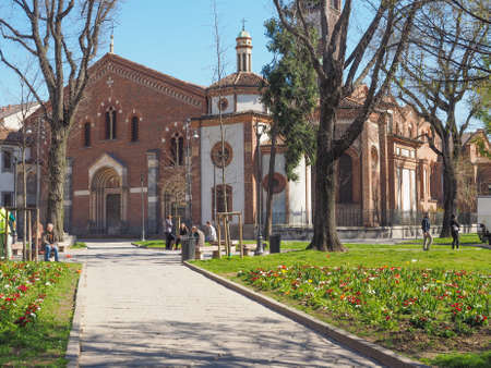 MILAN, ITALY - MARCH 28, 2015: People in front of Basilica of Sant Eustorgio in Milan Italyのeditorial素材