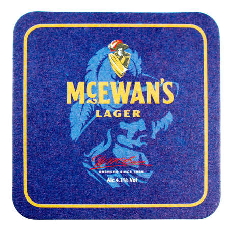 LONDON, UK - MARCH 15, 2015: Beermat of British beer McEwans isolated over white backgroundのeditorial素材