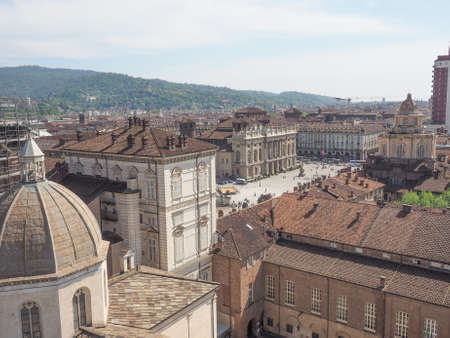 Aerial view of Piazza Castello central baroque square in Turin Italyの写真素材