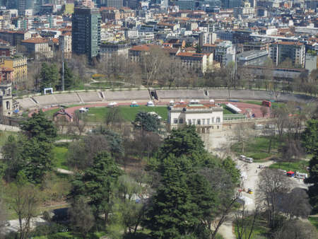 Aerial view of Parco Sempione park in the city of Milan in Italyの写真素材