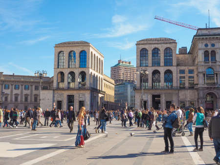 MILAN, ITALY - MARCH 28, 2015: Tourists in the Piazza Duomo square in front of Milan Cathedral churchのeditorial素材