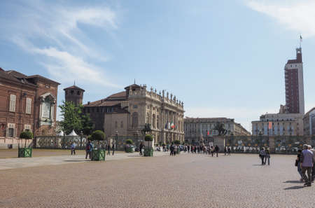 TURIN, ITALY - APRIL 22, 2015: Tourists visiting Piazza Castello central baroque squareのeditorial素材