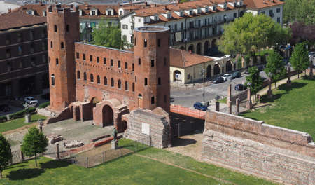 Aerial view of Palatine towers aka Porte Palatine, ruins of ancient roman town gates in Turinの写真素材