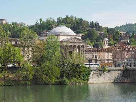 TURIN, ITALY - APRIL 22, 2015: Church of La Gran Madre in Turin, Italy seen from River Po banksのeditorial素材