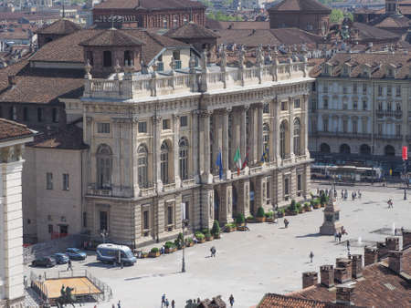 Aerial view of Piazza Castello central baroque square in Turin Italyのeditorial素材
