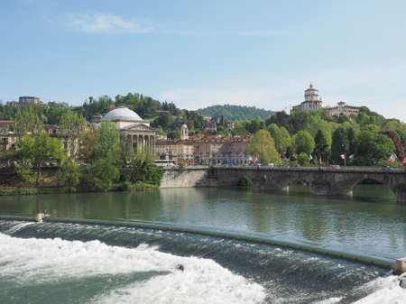 Po River and Gran Madre church and Cappuccini hill in Turin Italyの写真素材