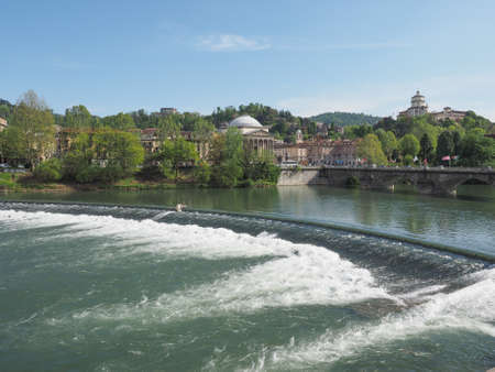 Po River and Gran Madre church and Cappuccini hill in Turin Italyの写真素材
